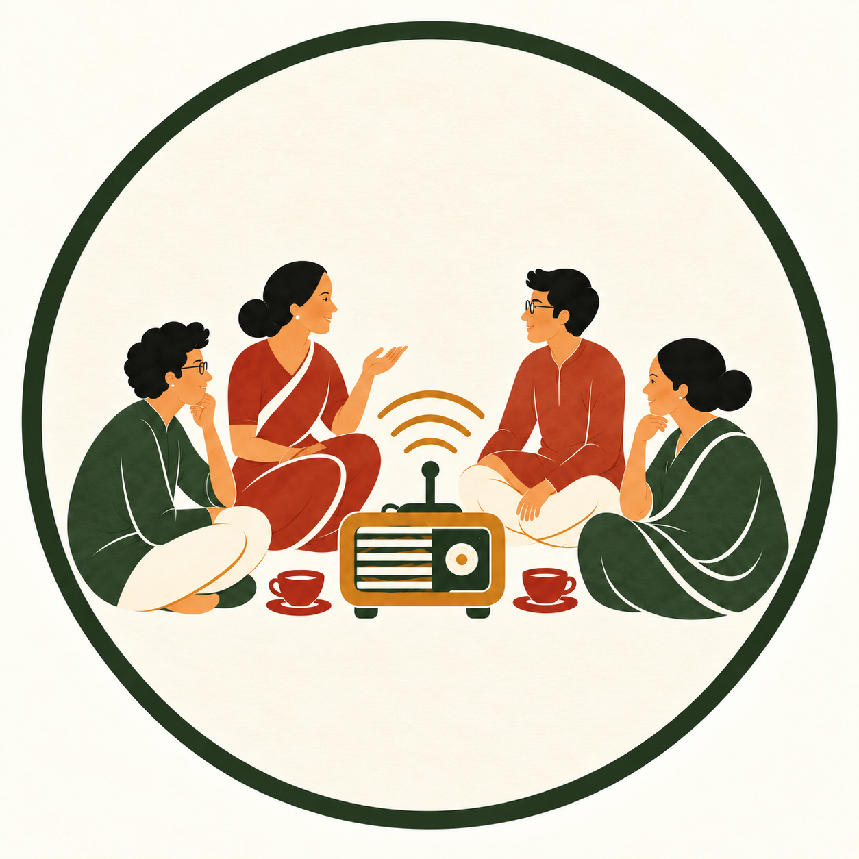 Bengali friends discussing songs around a radio